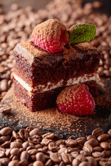 Chocolate cake with raspberry and mint sprinkled with cocoa powder.