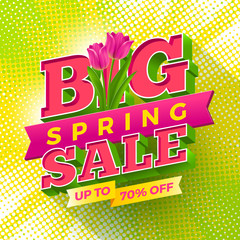 Vector illustration. Spring sale sign with tulips flowers on a halftone background.