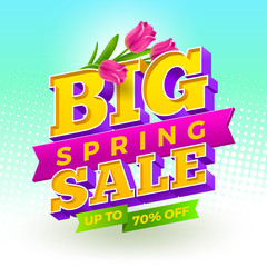 Vector illustration. Spring sale sign with tulips flowers on a halftone background.