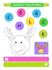 Connect the letters. Printable worksheet for preschool and kindergarten kids. Alphabet learning letters and coloring. Vector illustration.