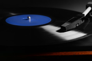 Record player with vinyl disc, closeup