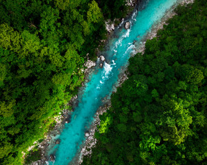 Blue river flowing in forest at spring