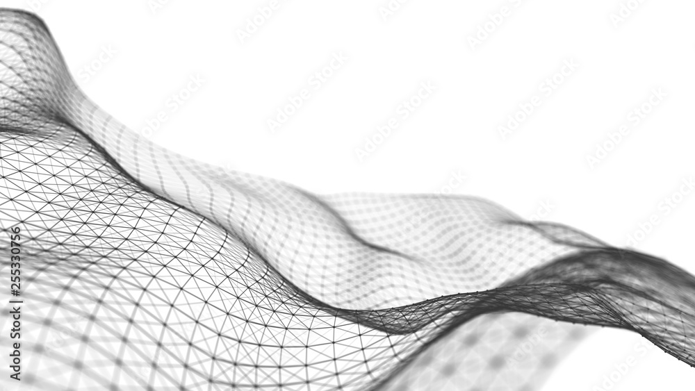 Poster wave of particles on white background. abstract interlacing lines and points. digital connection of 