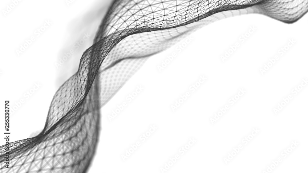 Poster wave of particles on white background. abstract interlacing lines and points. digital connection of 