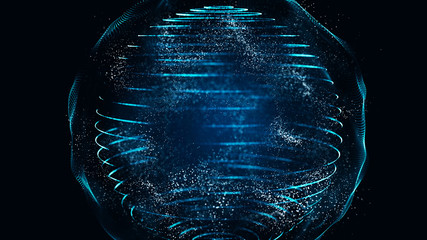 Futuristic blue sphere. The orbital motion of the planet. Abstract space banner. Abstract 3d grid...