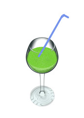 a green drink in a wine glass with a drinking straw, isolated