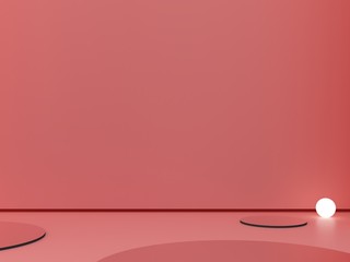 3d render, abstract cosmetic background to show a product. Empty scene with cylinder mirror and spherical lights  in the floor.  Coral minimal wall. Fashion showcase, display case, shopfront. 