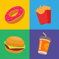 Fastfood set. Donut, juice, burger and french fries on colorful background. Raster illustration.