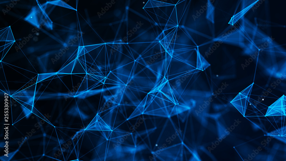 Poster Abstract connection of dots and lines. Distribution of triangular shapes in space. Network connection structure. 3D rendering.