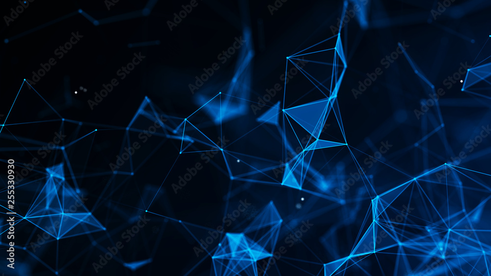 Poster Abstract connection of dots and lines. Distribution of triangular shapes in space. Network connection structure. 3D rendering.