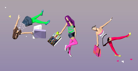 three girls with shopping bags, floating in mid air, over a purple background, 3D illustration, raster illustration