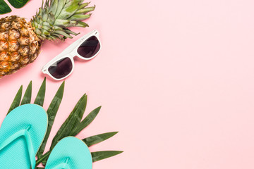 Summer flat lay background on pink.