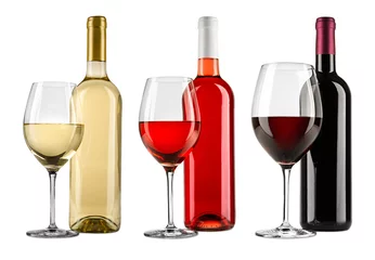Zelfklevend Fotobehang Rij van exquise rood wit en rose wijn fles glas set collectie geïsoleerd op een witte achtergrond © stockphoto-graf