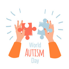 World Autism Awareness Day card 2 april. Vector illustration contains Hands holds and folds pieces of puzzle on white background. Medical concept in the care of child with autism 