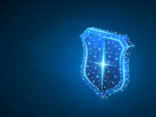 Security shield abstract neon image. Polygonal Vector business concept of data protection illustration. Low poly wireframe, geometry triangle, lines, dots, polygons on blue background