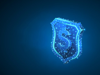 Security shield with USD sign abstract neon image. Polygonal Vector business concept of money protection illustration. Low poly wireframe, geometry triangle, lines, dots, polygons on blue background