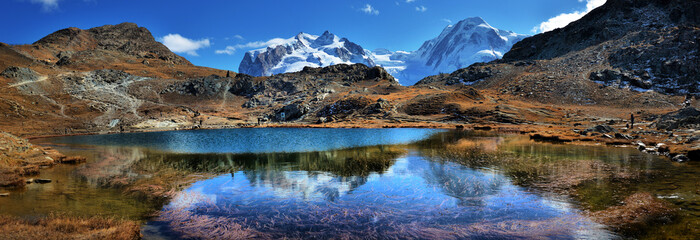 Amazing View of the panorama mountain range near the Matterhorn in the Swiss Alps. Trek near...