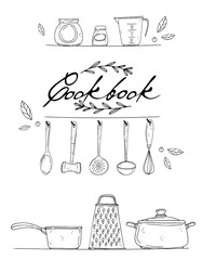 cookbook cover with hand drawn kitchenware, spice and lettering on a white background