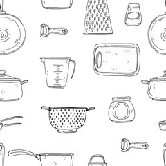 Seamless vector pattern of elements with hand drawn kitchenware on a white background