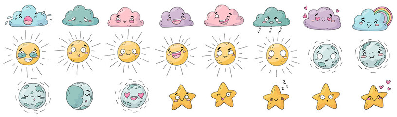 Big set of cute clouds, sun, moon, star on white background.