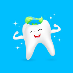World oral health day icon design. Cute cartoon tooth character. Dental care concept, Vector illustration isolated on blue background.
