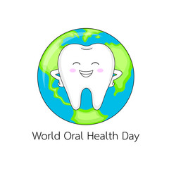 World oral health day icon design. Cute cartoon tooth character and globe. Dental care concept, Vector illustration isolated on white background.