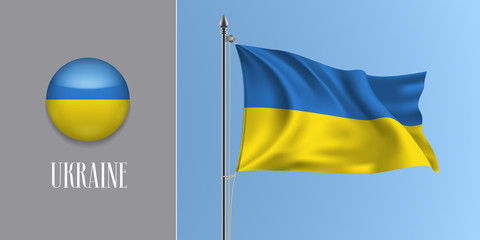 Ukraine waving flag on flagpole and round icon vector illustration