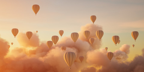 Naklejka premium Hot air balloons fly in beautiful evening sky and in beautiful clouds. 3D Illustration