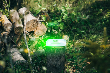 Wi-Fi router standing on the wooden logs. Internet connection in the nature. Forest and modern technologies.