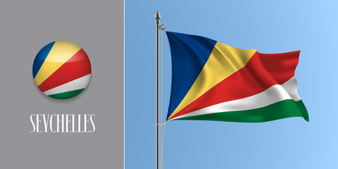 Seychelles waving flag on flagpole and round icon vector illustration