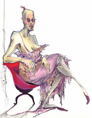 portrait of an old woman in a pink dress sitting on a red chair, raster illustration over a white background