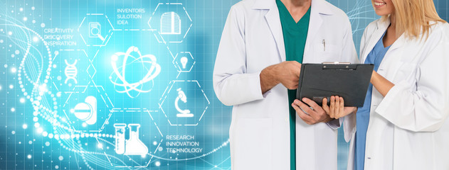Medical Healthcare Research and Development Concept. Doctor in hospital lab with science health research icon show symbol of medical care technology innovation, medicine discovery and healthcare data.