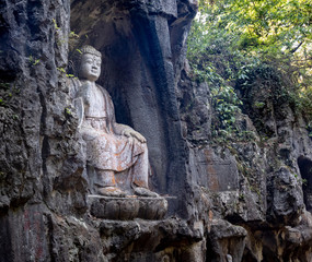 Fototapeta na wymiar Stone Buddha statue of Lingyin temple in Hangzhou city