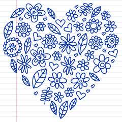 Vector set of child drawing flowers icons in doodle style. Painted, drawn with a pen, on a sheet of checkered paper on a white background.