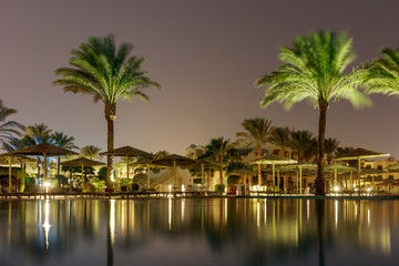Fototapeta na wymiar Beautiful palm trees and a pool at night.