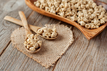 Textured soy protein (TVP). Textured vegetable protein (TSP). Soy meat for a vegetarian diet. 