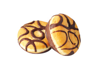 Donuts with chocolate strips isolated on a white background D.oughnut with chocolate filling. Berlina de xocolate.