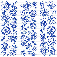 Vector set of child drawing flowers icons in doodle style. Painted, drawn with a pen, on a sheet of checkered paper on a white background.