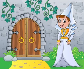 Medieval lady by old door theme image 1