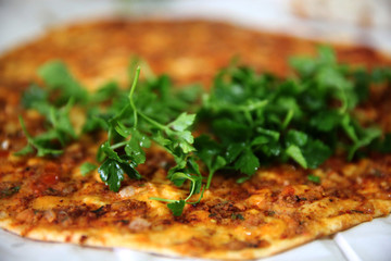 Turkish foods; Turkish pizza (Lahmacun)
