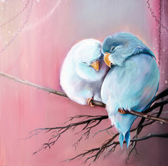 Original oil painting on canvas of two parrot lovebird is sitting on branch close each other