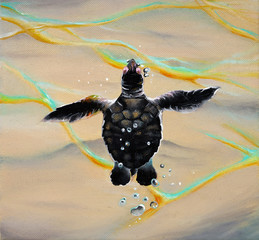 Original oil painting on canvas of turtle that swimming in water