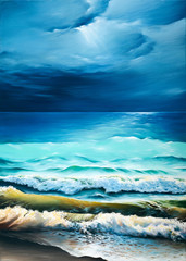 Original oil painting of big waves on the sea