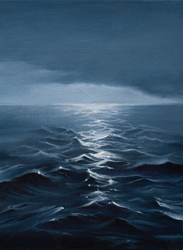 Original oil painting of sea and cloudy sky at night on canvas