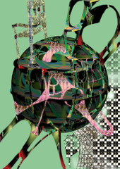 abstract surreal big ball with a chair, over a green background