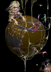 abstract surreal girl with a big ball, over a black background
