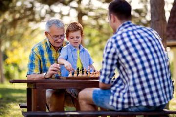 Family relaxing playing chess.