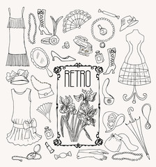 Set of vintage fashion accessories. Vector retro style hand drawn illustration.