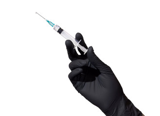 Female hand in black glove holding a syringe with transparent liquid, isolated on a white background