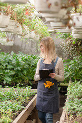 A young female gardener keeps a record of flowers in a greenhouse.